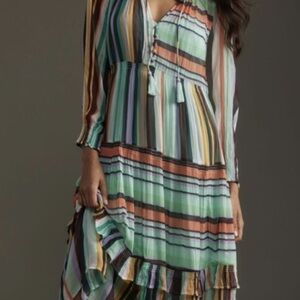 Anthropologie Green and Orange Ruffled Maxi Dress